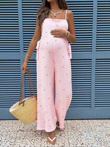 SHEIN Thời trang bà bầu đa năng, quần liền thân in họa tiết nơ thắt cổ, dáng rộng. - Hồng - Xem 2