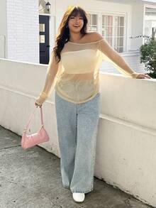 SHEIN EZwear 大尺碼女款純色不對稱領口透視上衣 - 杏色 - 查看 6