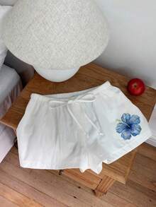 Comfortcana Quần short nữ 100% cotton in họa tiết hoa dâm bụt màu xanh cổ điển - Hoàn hảo cho mùa hè ở đảo Hawaii, các lễ hội âm nhạc, dã ngoại bãi biển, kỳ nghỉ hè, những ngày nghỉ mát bên bờ biển trắng xóa, dễ thương và mềm mại. - trắng - Xem 7