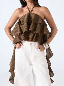 LYSMO Top halter con cuello halter y espalda descubierta con volantes, sexy para el verano - Café integral - Ver 1