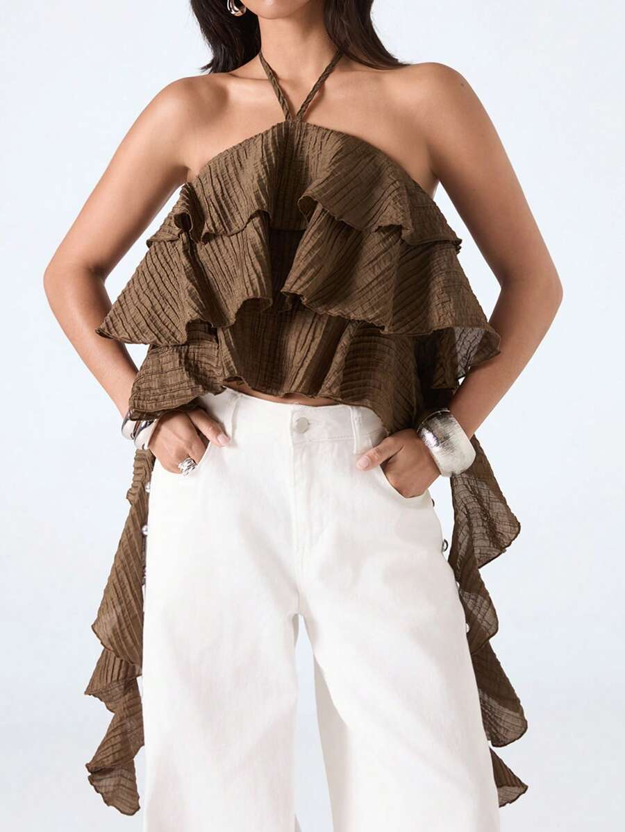 LYSMO Top halter con cuello halter y espalda descubierta con volantes, sexy para el verano - Café integral - Ver 1