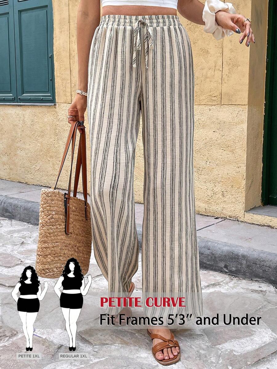 SHEIN PETITE CURVE 大码休闲条纹直筒裤 - 杏色 - 查看 1