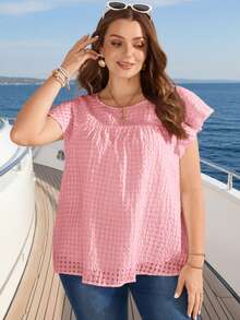 Rosumi Plus Size Women's Cerise Pink Summer Smart Casual Vacation Holiday Flutter Sleeve Ruffle Loose Blouse Top, Country Concert - Baby Pink - View 5
