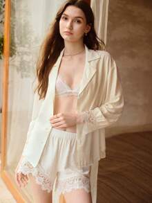 MOTF PREMIUM WOMEN CONTRAST LACE BUTTON FRONT SHIRT AND SHORTS PAJAMA SET - Beige - View 6