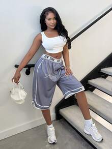 Alexandranx 女士字母印花阔腿宽松休闲七分运动裤 - 灰色 - 查看 6