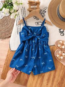 SHEIN Mono de niña pequeña de unicolor tejido con tirantes de moño - Celeste - Ver 4