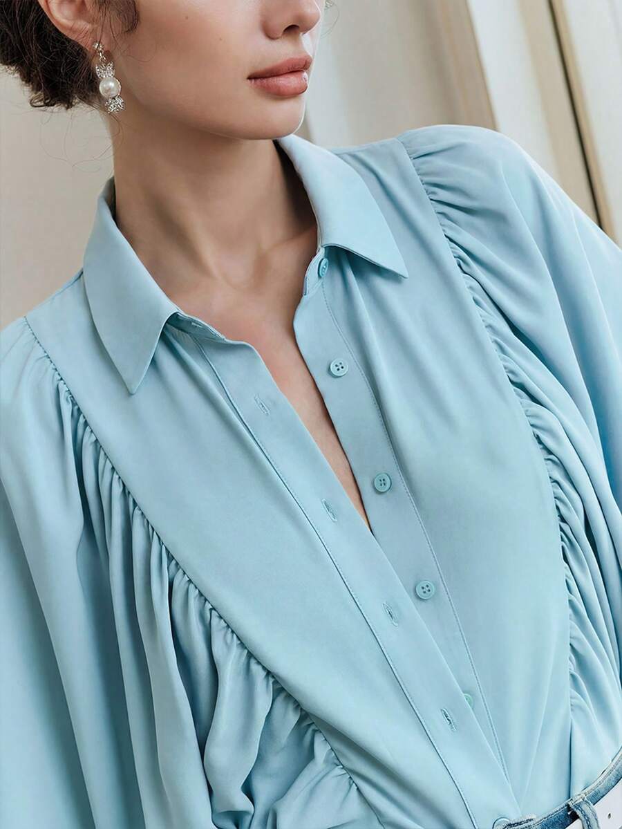 Anewsta 女士优雅褶皱灯笼袖衬衫,适合外出、通勤、约会 - 藍色 - 查看 1
