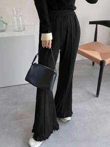 FRIFUL Women's Fashionable Versatile Textured Ruffle Hem Casual Pants - Black - View 2