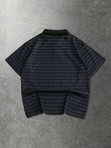 ROMWE MEN Prep Men's Striped Print Polo Shirt, Suitable For Casual Wear In Spring And Summer - Black - View 2