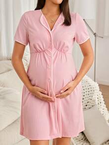Vestido de maternidad informal de manga corta con abertura frontal y ribete de contraste gris y blanco para uso diario y descanso de BloomMama - Rosa - Ver 1
