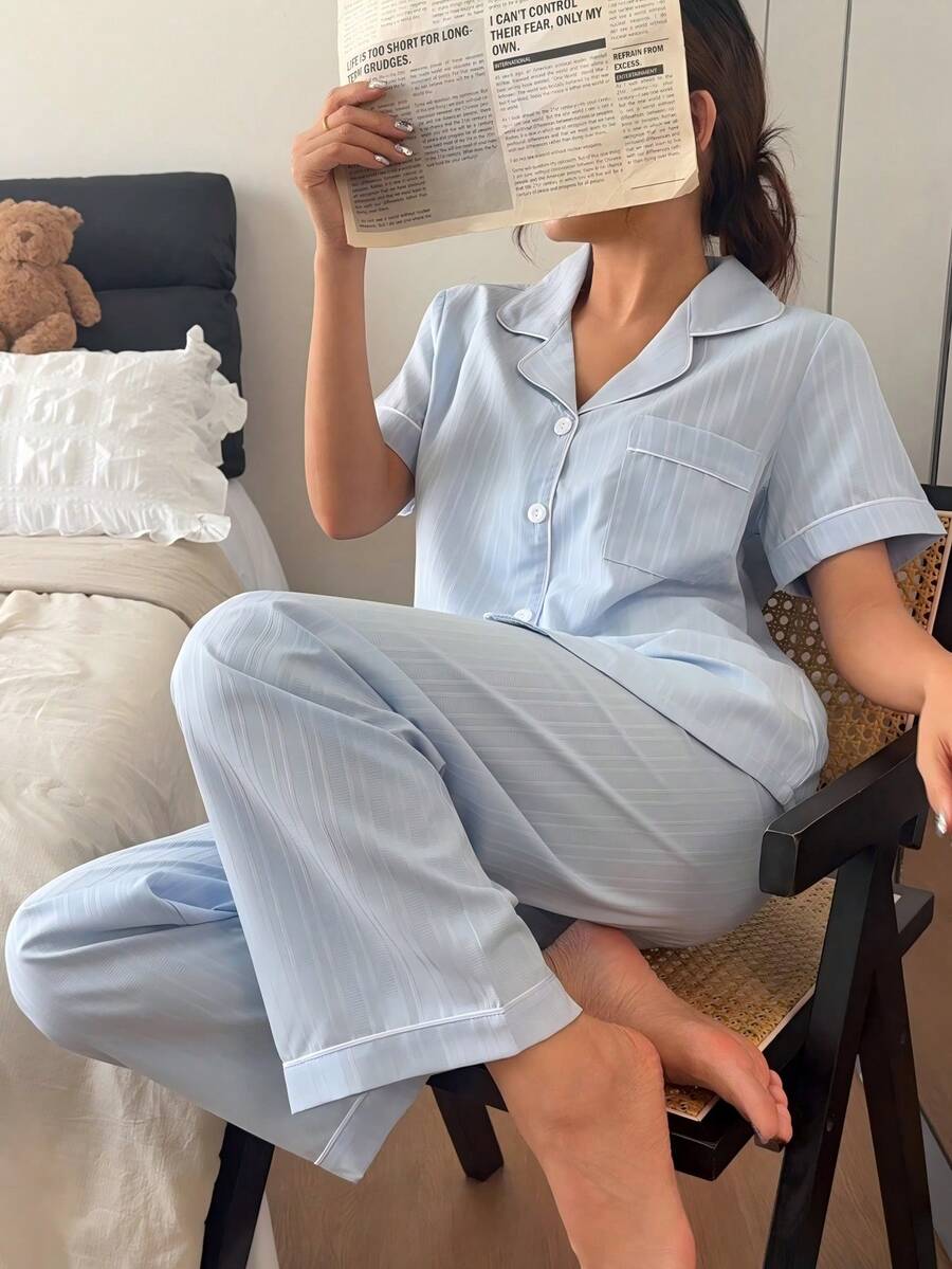 Napfluff 女士休闲舒适条纹短袖睡衣套装,春夏款 - 藍色 - 查看 1