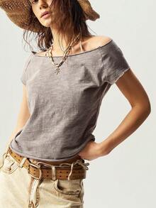 Bohemela Solid Color Knit Boat Neck Fitted Washed T-Shirt For Women,Summer Top - Apricot - View 3