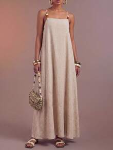 Zivah Women Light Beige Summer Tropical Vacation Holiday Boho Linen Beaded Camisole Loose Long Dress,Casual Western Vibe Beach Party Festival Maxi Dress - Khaki - View 6