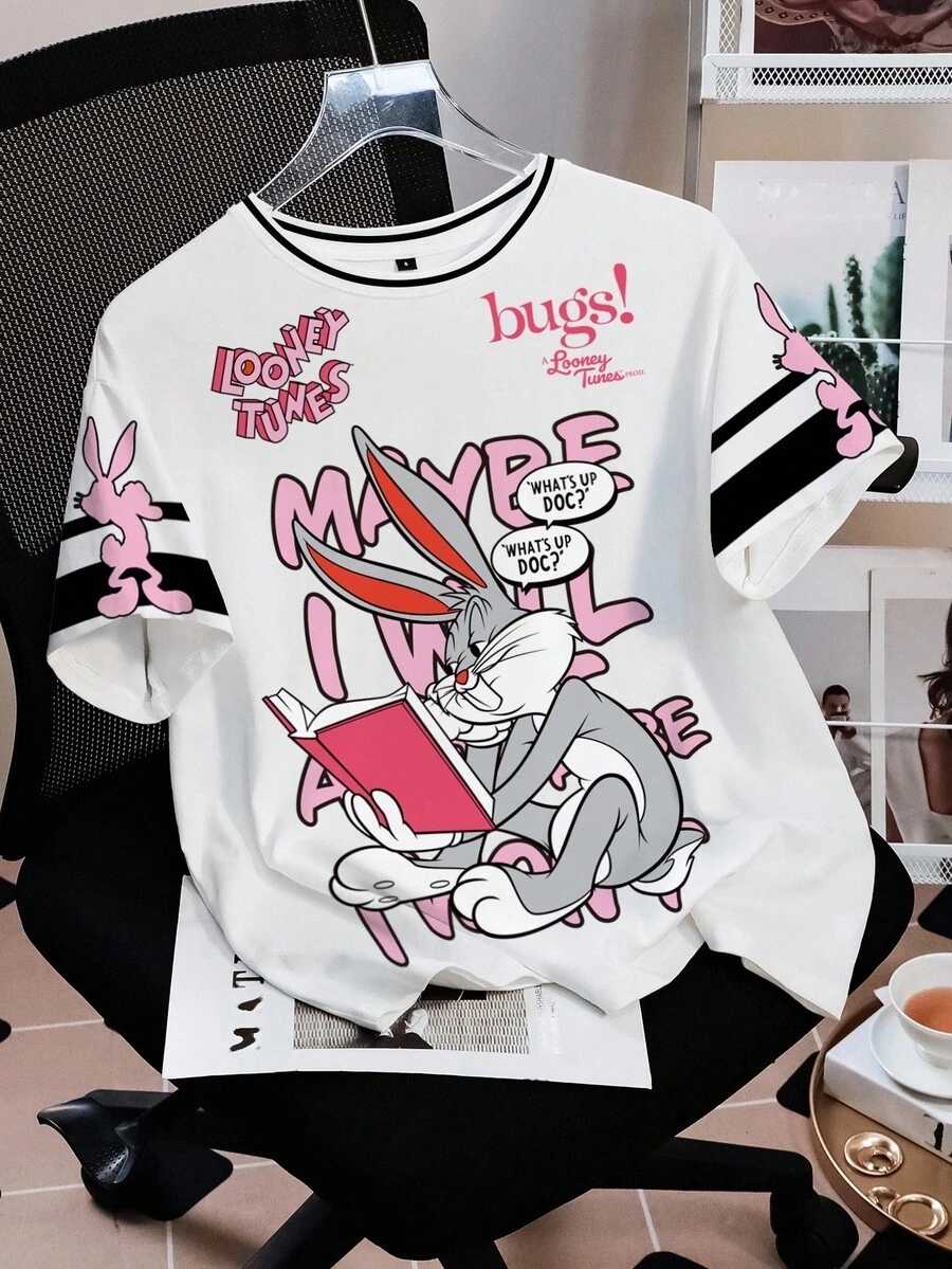 LOONEY TUNES X SHEIN 少女休闲卡通印花T恤，夏季 - 白色 - 查看 1
