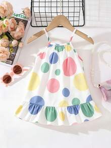 SHEIN Playful Pals 女嬰白色圓點夏季可愛度假洋裝 彩色細肩帶荷葉邊下擺 幼童休閒海灘度假簡約太陽裙 - 彩色 - 查看 2