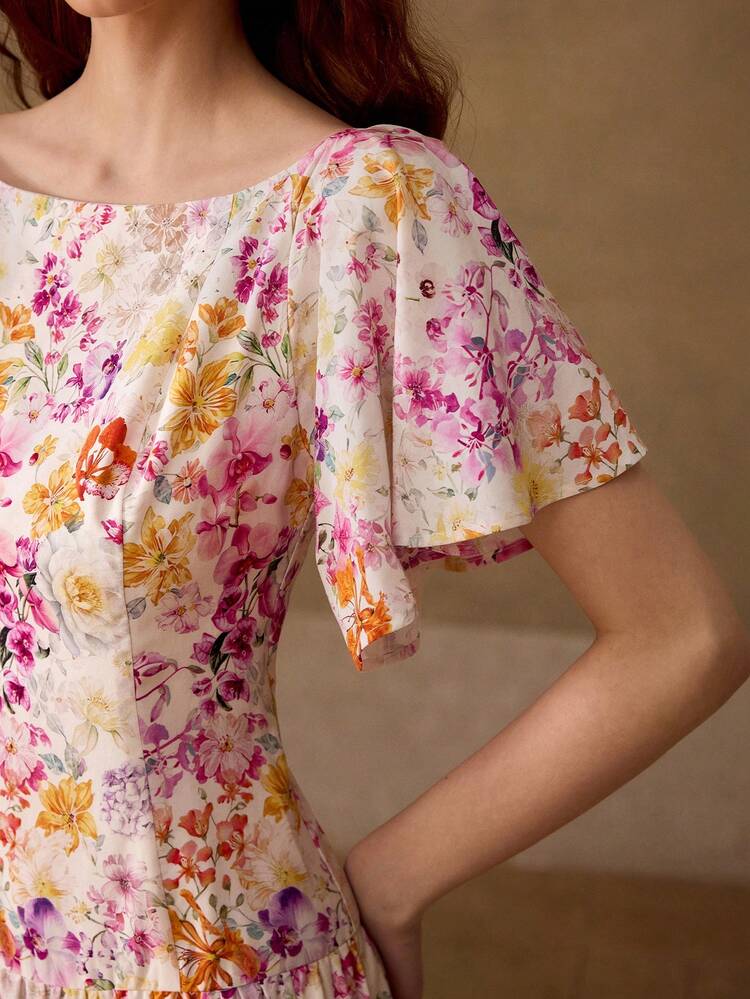 WOMEN'S BOAT NECK FLUTTER SLEEVE FLORAL PRINT LONG DRESS, ELEGANT AND GRACEFUL, SPRING/SUMMER