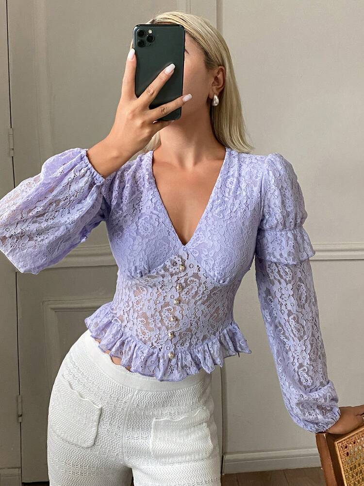 Women's Solid Color Lace Splice V-Neck Long Sleeve Elegant Summer Blouse