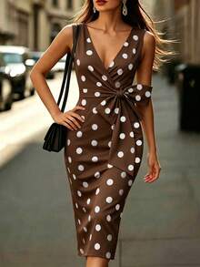 EMERY ROSE Women's Elegant Polka Dot V-Neck Bowknot Waist Fitted Midi Dress, Vintage Commuting Style For Wedding, Party, Daily Wear, Spring/Summer - Multicolor - View 4