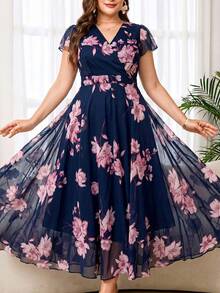 Reflora 大码女士优雅印花连衣裙，夏季婚礼宾客礼服 - 彩色 - 查看 8