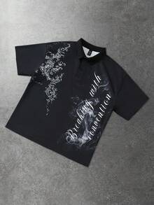 ROMWE MEN Prep Men's Street Letter Print Polo Shirt, Suitable For Spring And Summer - Black - View 1