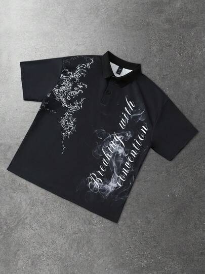 ROMWE MEN Prep Men's Street Letter Print Polo Shirt, Suitable For Spring And Summer