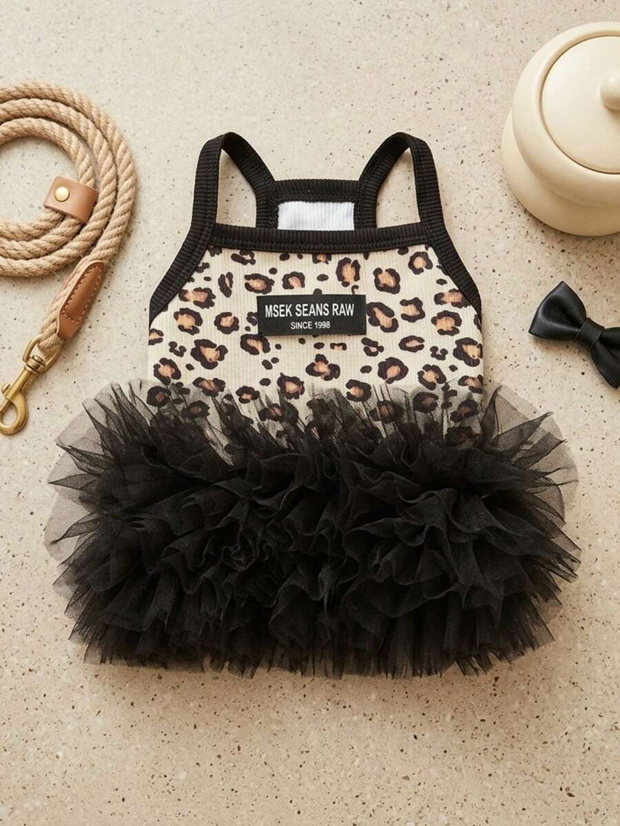 PETSIN 1PC Summer Fairy Leopard Mesh Suspender Dress For Dogs Cats, Anti-Shedding Skirt For Teddy Bichon Pomeranian Maltese - Black - View 1