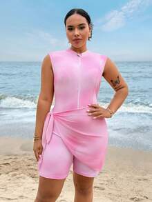 SHEIN Swim Plus Size Pink Floral Print One-Piece Mesh Skirt Burkini Swimwear Two Pieces Set, Vacation Beach Outfit - Multicolor - View 5