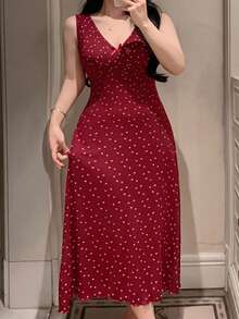 Dazy Plus Camisón largo sexy rojo con estampado floral pequeño, volantes y cintura ceñida, talla grande, para pijamas de Año Nuevo - Rojo - Ver 5