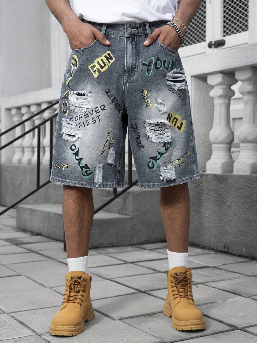 Manfinity EMRG Men's Youthful Street Style Grey-Blue Letter Print Denim Shorts - Medium Wash - View 1