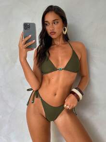 Aloruh Women's Summer New Tie-Dye Printed Bikini Set, Sexy Party Music Festival Iridescent Shell Decor Women's Swimwear, Women's Beach Vacation Outfit - Army Green - View 7
