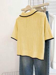 Franclia Cárdigan casual y suelto con cuello polo, manga corta, tejido calado y diseño de ribete de contraste en color albaricoque para mujer, primavera/verano - Amarillo claro - Ver 2