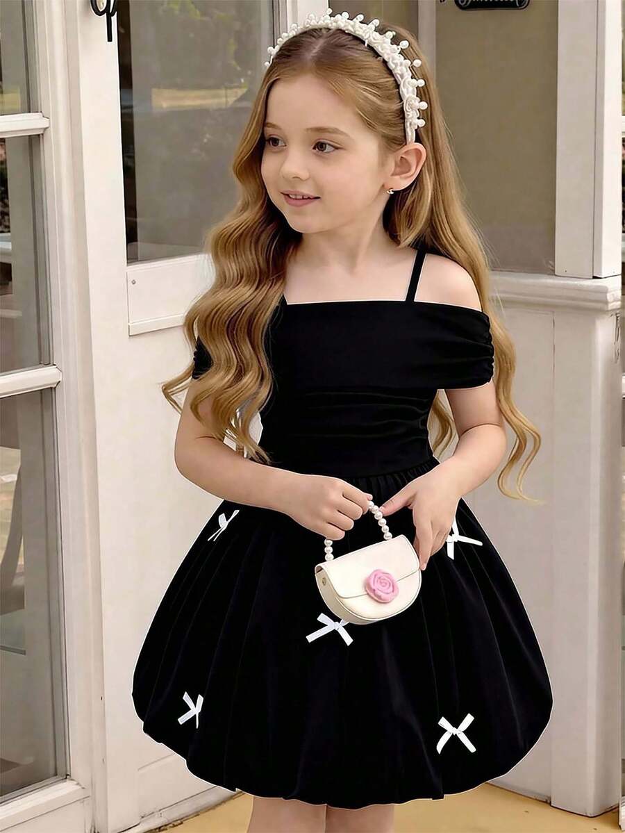 Elladie kids 少女黑色针织露肩迷你连衣裙,无袖收腰时尚优雅少女夏季连衣裙,适合宴会、重要场合、生日派对、晚宴等场合,女士服装 - 黑色 - 查看 1