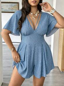 Vionelle Plus Size Women's Polka Dot Print Ruched Jumpsuit, Versatile For Spring/Summer - Dusty Blue - View 4