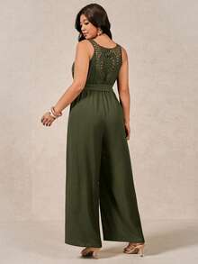 Breezaya Bộ jumpsuit nữ cỡ lớn màu trơn cổ chữ V không tay hở lưng phối ren thắt eo dáng rộng thoải mái đi biển, thanh lịch cho mùa xuân/hè. - Màu be - Xem 2