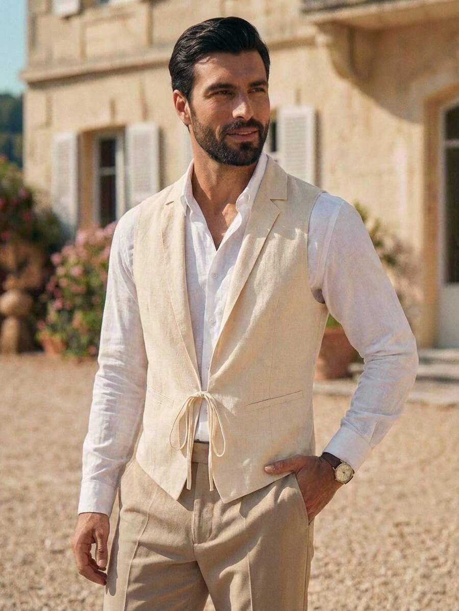 HIMLAND Men's Turndown Collar Drawstring  Linen Suit Vest Casual Wear - White - View 1