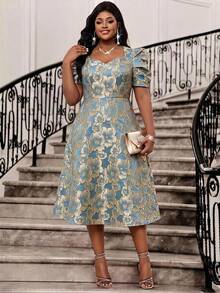SHEIN Lady Plus Size Women Jacquard Fashion Date Party Dress, Suitable For Summer - Blue - View 7