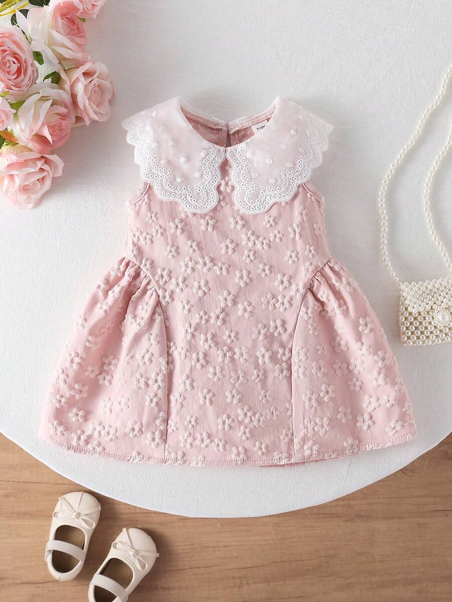 SHEIN Elladie kids 女婴甜美花卉刺绣领公主裙，无袖黄色碎花面料夏季连衣裙