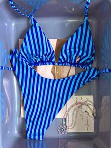 Swim Mod Bộ bikini hai mảnh buộc dây cổ họa tiết sọc nhiệt đới dễ thương dành cho nữ, thích hợp cho các buổi tiệc bãi biển thường ngày. - Nhiều màu - Xem 2