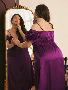 Côtesoire Elegant Romantic French Charm Lace Patchwork V-Neck Spaghetti Strap Off-Shoulder Comfortable Loose Satin Ruched Plus Size Nightgown, Purple - Purple - View 2