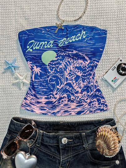 Glimmora Women's Summer Tropical Beachwear, Fitted Strapless Top With "Zuma Beach" Lettering And A Wave And Coconut Tree Pattern. Perfect For Island Getaways, Beach Activities, Vacations, Everyday Wear, Music Festivals, Parties, And A Variety Of Other Occasions.