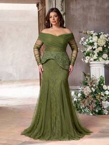 Aureia Đầm cỡ lớn sang trọng, thanh lịch với họa tiết ren đính sequin, phối ren, xuyên thấu, trễ vai, tay áo, vạt đuôi cá và vạt tam giác phối lưới, thích hợp cho tiệc tối, dạ hội, hẹn hò, du lịch, đám cưới, lễ hội âm nhạc, trang phục trang trọng (Thiết kế tinh xảo) - xanh quân đội - Xem 7