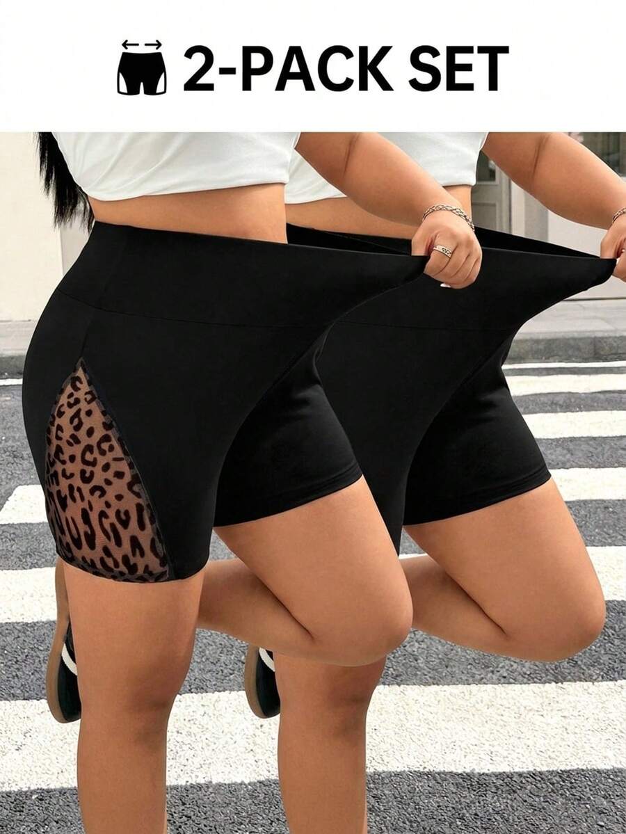 SHEIN Muchic Bộ 2 chiếc quần legging cỡ lớn họa tiết da báo phối lưới. - màu đen - Xem 1
