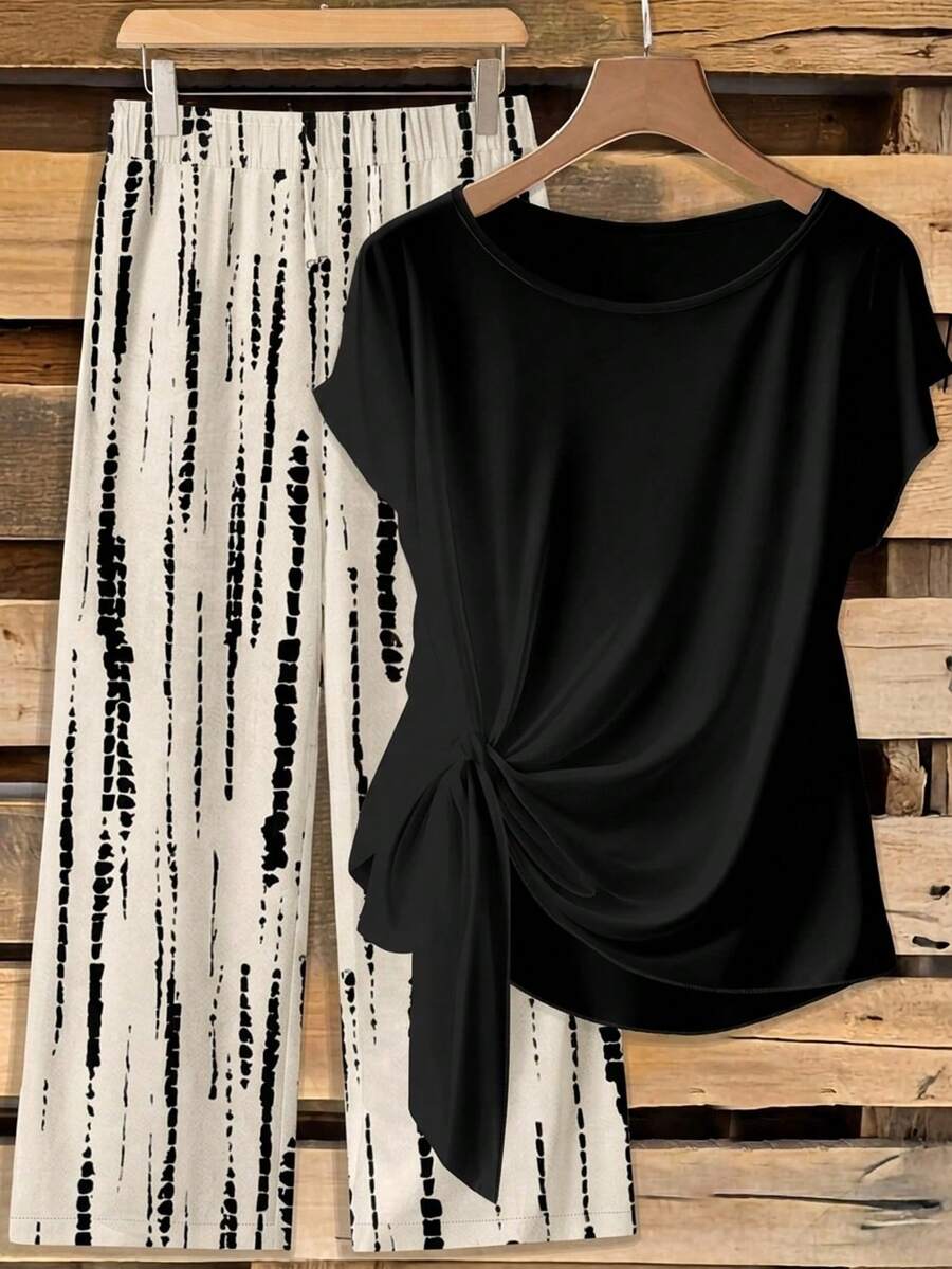 SHEIN Clasi Bộ đồ nữ gồm áo sơ mi thắt nơ và quần ống đứng dáng rộng, trang phục mùa hè cho nữ, bộ đồ thường ngày. - Nhiều màu - Xem 1