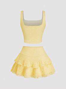Sweetra Plus Size Summer Fashionable Casual Camisole Top And A-Line Midi Skirt 2 Pieces Set - Yellow - View 2