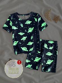 Bộ đồ ngủ ôm sát cho bé trai, áo tay ngắn và quần short, họa tiết không gian phát sáng trong bóng tối, chất vải mềm mại và thoải mái, thích hợp cho bé trai mặc ở nhà. - Màu xanh hải quân - Xem 3