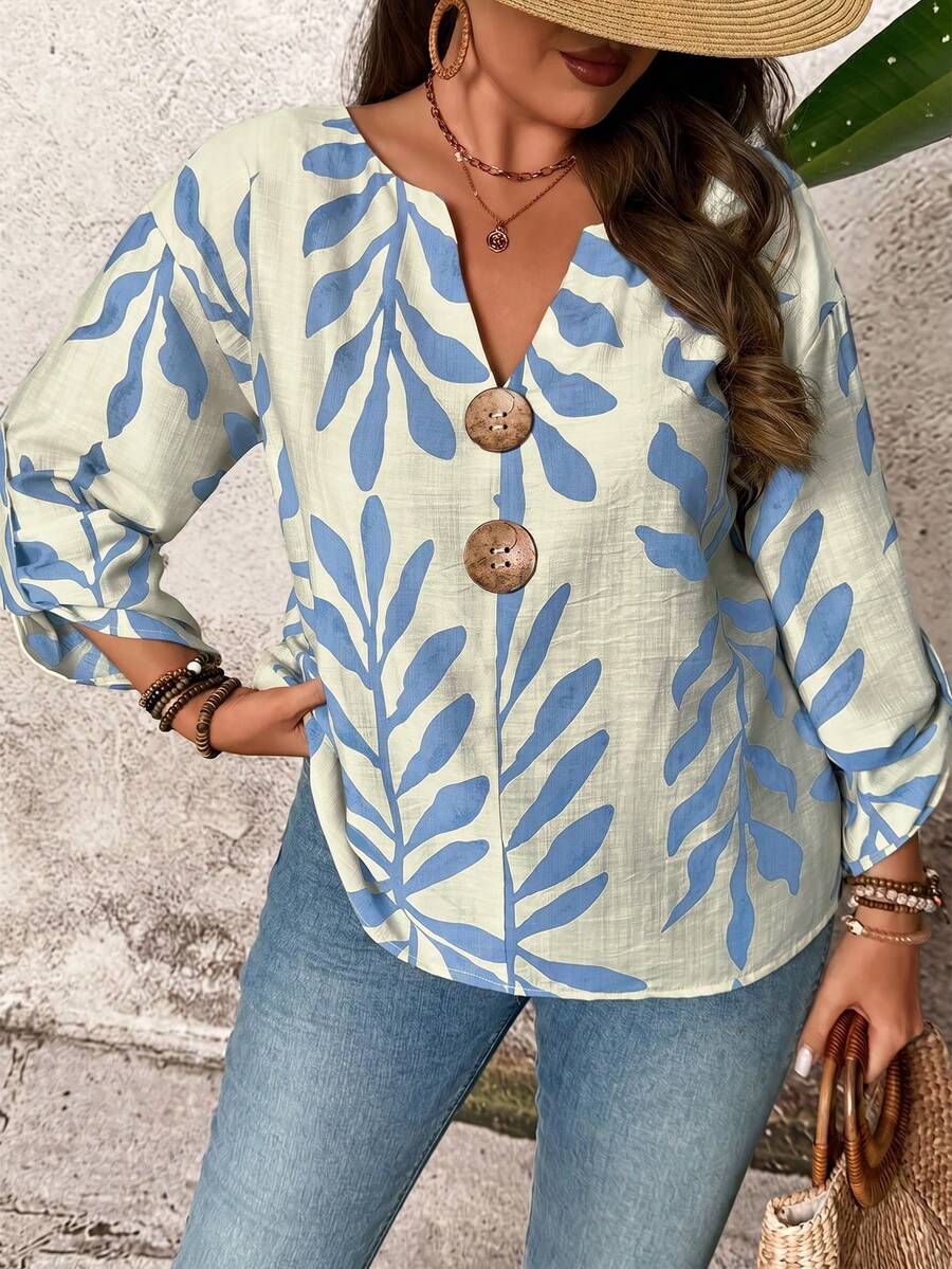 EMERY ROSE Plus Size Summer Boho Blue Leaf Print V-Neck Button Decor Blouse,Autumn Long Sleeve Relaxed Casual Vacation Tops,Comfortable Loose Floral Blouses - Baby Blue - View 1