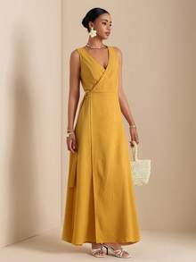 Vesra Vestido casual sin mangas cruzado y envolvente de color amarillo para mujer - Amarillo - Ver 1