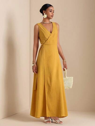 Vesra 女士黄色交叉裹身无袖休闲连衣裙