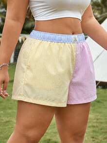 Comfortcana Shorts de playa casuales de talla grande con bloques de color y rayas, para verano - Multicolor - Ver 4