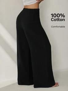 SHEIN PETITE 女款簡約休閒時尚開學季老錢風通勤高腰紋理寬腿長褲 100%純棉，適合嬌小女性 - 黑色 - 查看 3